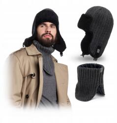 PaMaMi Férfi téli szett, grafit fül, kémény, polár bélés, 56-60cm fejre (Uniwersalna Uszanka Zimowa z Tubą Polarową)