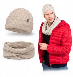 PaMaMi Téli szett, Férfi, bézs, hosszú, kémény, kihajtható sapka, beani (Stylowy Zestaw Jesienno-Zimowy Uniwersalny)