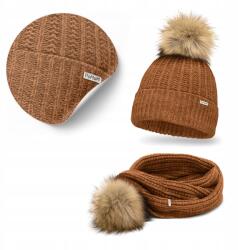 PaMaMi Téli szett, Női, Barna, Pomponos Sál, Csíkos Sapka, Divatos (Uniwersalny Komplet Damski 2w1 Szal i Czapka)
