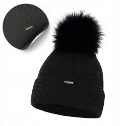 PaMaMi női téli sapka, fekete, halszálka, pompon, 100% akril, polár bélés (Uniwersalna Czapka z Polarem Jesienno-Zimowa)