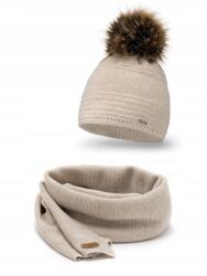 PaMaMi téli szett, bézs, sapka, sál, pompon, Lengyel (komplet damski Pamami 19568+20661)