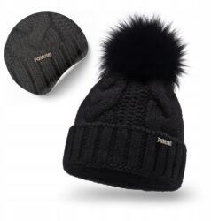 PaMaMi Női téli sapka, polár bélés, fekete, pomponnal, akril (Ocieplana Polarem Czapka Zimowa z Pomponem)