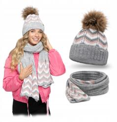 PaMaMi Púderszürke Női Téli Szett, bélelt sapka, sál, 85% akril (Klasyczny Komplet Jesienno-Zimowy z Polarem)