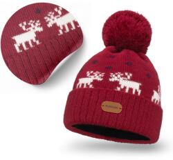 PaMaMi Téli sapka, pomponnal, rénszarvas mintával, bordó (Uniwersalna Ciepła Czapka z Podszyciem)