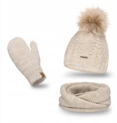 PaMaMi Téli szett, Női Bézs Sapka, pomponnal, kéménnyel, kesztyűvel (Klasyczny Zestaw Jesienno-Zimowy Ocieplany)