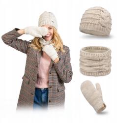 PaMaMi Bézs Női meleg kémény sapka és kesztyű szett PaMaMi, polár bélés (Klasyczny Zestaw Jesienno-Zimowy Damski 3w1)