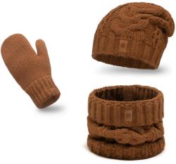 PaMaMi Női Téli Szett, barna, sapka, kémény, kesztyű, akril (Uniwersalny Zestaw Jesienno-Zimowy)
