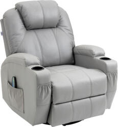 Homcom 8 pontos masszázsfotel manuális dönthető lábtartóval és távirányítóval, PU bőr és fa forgó relaxációs fotel ringató funkcióval és távirányítóval, 89x99x106 cm, szürke