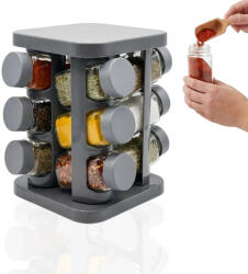 köken Set 12 recipiente pentru condimente cu suport Koken, sare/piper/paprika, design ergonomic, economisire spatiu, sticla groasa, capace plastic fara BPA, Gri Solnita condimente