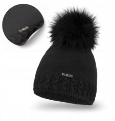 PaMaMi Női Téli Sapka, fekete, PaMami, szőrmés pompon (Stylowa Czapka Zimowa Jesienna z Pomponem)