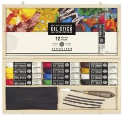 Sennelier Oil Stick olajfesték rúd készlet kiegészítőkkel - 12x38 ml, fadobozos