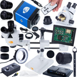 Rosfix trinokuláris sztereó mikroszkóp Jupiter Pro Gantry MSJP-T-SDMS1 állványon + 8 kijelző + 56xLED megvilágító + kijelzőtartó + Draco BLUE kamera