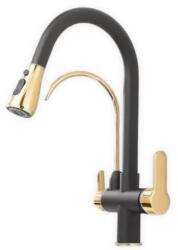 Getwell Stork 2 karos, 3 utas, Kihúzható Zuhanyfejes Konyhai Csap Víztisztítókhoz Fekete és arany színben (GW211BG)