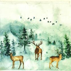  Szalvéta - szarvasok a havas fenyőerdőben