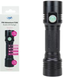 PNI Lanterna dubla PNI Adventure F200 din aluminiu cu LED, acumulator 4000mAh si port micro USB, 3 LED-uri cu deschidere mare si unu (PNI-ADVF200)