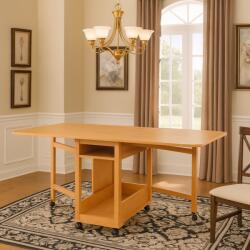 CEGIM Masa plianta cu spatiu depozitare Util, pentru living si bucatarie, PAL, structura lemn masiv, cu role, 6 persoane, 160x96x80 cm, fag (00000023)