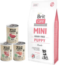 Brit Brit Care Mini Grain Free Puppy bárányhússal 7 kg + Wild Farm Pate MIX ízek 3x400 g