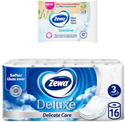 Zewa Deluxe Delicate Care toalettpapír 3 rétegű (16 tekercs) + Zewa Sensitive nedves toalettpapír (42 db)