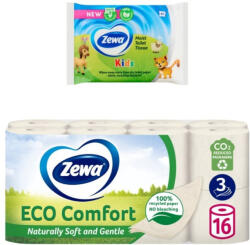 Zewa Eco Comfort 3 rétegű toalettpapír (16 tekercs) + Zewa Kids nedves toalettpapír (42 db)