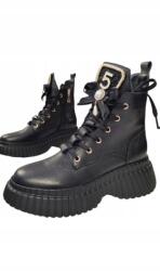 CheBello 4472 fekete bőr trapperek vastag talppal, díszítéssel 39-es méret (4472)