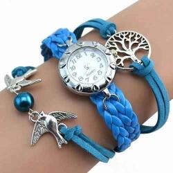 QUARTZ Elegant ceas de dama cu copacul vietii si pasari, blue Ceas