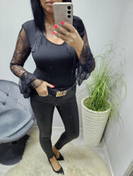  Gyönyörű V kivágott csipkés ujjú felső virágdísszel ( fekete) (193393)