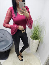  Gyönyörű V kivágott csipkés ujjú felső virágdísszel ( burgundi) (252614)