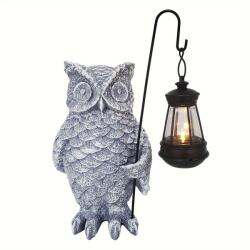  Ornament de Decor pentru Gradina cu LED, Flippy, Model Bufnita cu Felinar, Decoratiune Exterioara pentru Casa si Gradina, din Rasina, 21.5x15 cm, Gri (161315)