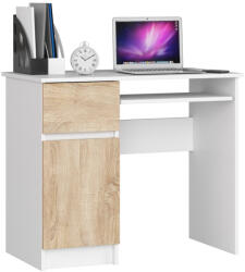  Birou computer PIKSEL, cu sertar, dulap si raft pentru tastatura, stanga, 90x50x77 cm, alb si stejar sonoma (AK-04386232)