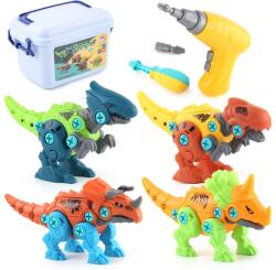  Set de Constructie/Asamblare, Flippy, 4 Dinozauri, cu Bormasina Electrica, Baterii 2 x AA, Surubelnita si Cutie Depozitare, 22.5 x 14.5 x 15 cm, Multicolor (128539)