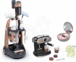 Smoby Set cărucior de curățenie și aspirator vertical cu aparat de cafea Rowenta Trolley Upright Hoover Smoby cu sunete și masă de călcat cu pudră (SM330326-2)