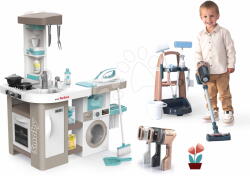 Smoby Set cărucior de curățenie și bucătărie cu mașină de spălat Rowenta Trolley Upright Hoover Smoby și aspirator vertical cu sunete și fier de călcat cu aburi (SM330326-4)