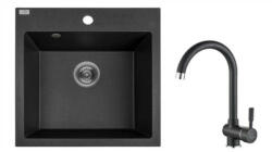 Elleci Laveo ALENA szemcsés fekete szett álló csappal, helytakarékos szifonnal (SRAA_710T)