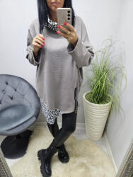 Norafashion Csinos kámzsás nyakú ocelot betétes tunika (szürke) (703316)