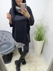 Norafashion Csinos kámzsás nyakú ocelot betétes tunika (fekete) (680186)