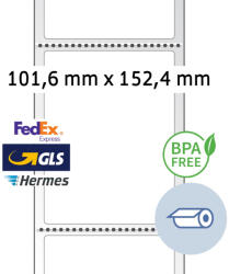 HERMA No. 58309 fehér színű 101, 6 x 152, 4 mm méretű, nyomatlan tekercses thermo etikett címke, címkék közötti keresztperforációval - kiszerelés: 475 címke / tekercs