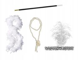 Congee Retro Ezüst szett, fehér boával, szivartartó, fejpánt, gyöngy nyaklánc (5907509972683)
