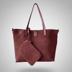  Geantă Shopper "Burgundy Elegance" din Piele Naturală Întoarsă, cu Portofel Asortat