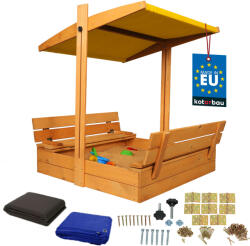  KOTARBAU® Nagy Fa Homokozó Sárga Tetővel, Impregnált, Zárt, Padokkal, Barna, 100 X 100 CM
