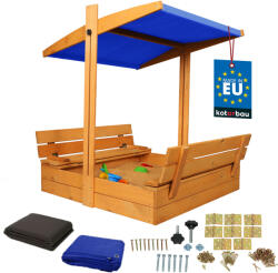  KOTARBAU® Nagy Fa Homokozó Kék Tetővel, Impregnált, Zárt, Padokkal, Barna, 100 X 100 CM
