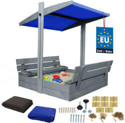  KOTARBAU® Nagy Fa Homokozó Kék Tetővel, Impregnált, Zárt, Padokkal, Szürke, 100 X 100 CM