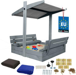  KOTARBAU® Nagy Fa Homokozó Szürke Tetővel, Impregnált, Zárt, Padokkal, Szürke 100 X 100 CM