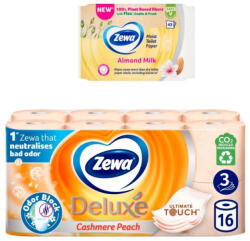 Zewa Deluxe Cashmere Peach toalettpapír 3 rétegű (16 tekercs) + Zewa Almond Milk nedves toalettpapír (42 db)