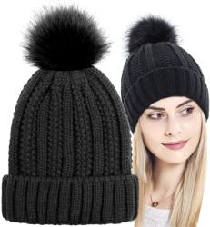 EdiBazzar Női bélelt téli sapka pomponnal, meleg, fekete, kötött, puha (Damska Czapka ocieplana zimowa)