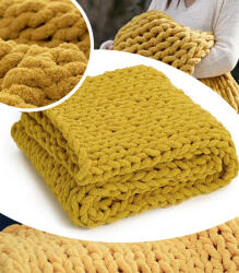 GordonToys Pătură decorativă groasă tricotată manual din fir chenille muștar, 80 x 100 cm (G839) Patura