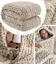 GordonToys Pătură Decorativă Groasă din Fir Chenille Bej cu Model Împletit 120 x 120 cm (G838) Patura