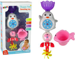 LEAN Toys Jucărie de baie pentru copii cu Pingvin - floare mov și moară de vânt galbenă (15203)