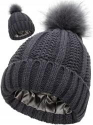 EdiBazzar Női Téli Sapka, bélelt, pomponnal, kötött, szürke, rugalmas (Czapka CIEPŁA damska zimowa ocieplana)