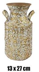 IRIS bádog váza, 2 füllel, arany, fehér nyomott mintás 13 x 27 cm (QX_IMPEX_KFT_80938) (QX_IMPEX_KFT_80938)