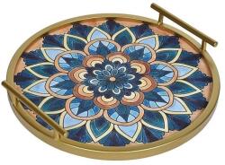 Welora Dekoratív tálca gyűrűvel és fogantyúval, fém, kerek, mandala mintás, Ø35 cm, arany/kék, arany/kék (JM1232565)